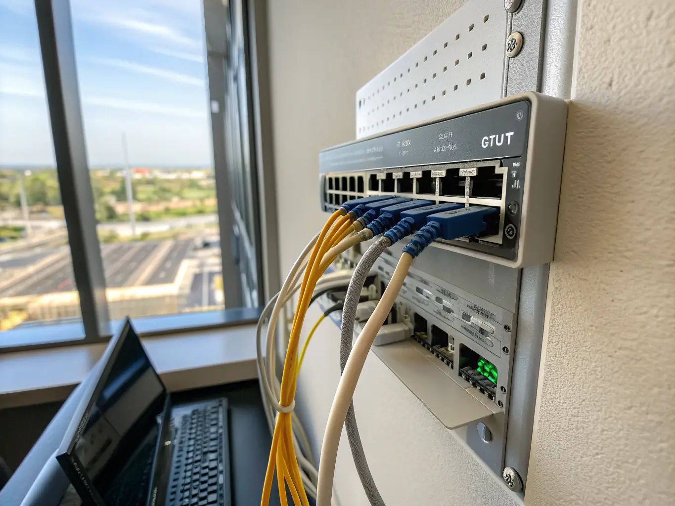A close-up shot of an ONT (Optical Network Terminal) device installed in a customer's premises, highlighting Celintech's commitment to providing end-to-end solutions.