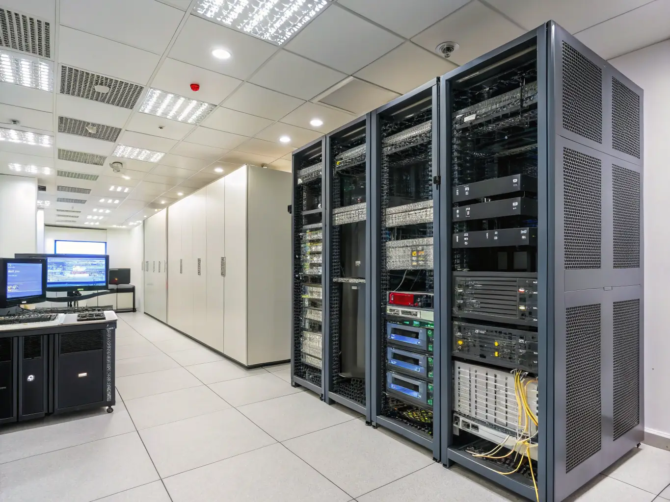 A high-angle shot of a Central Office environment with OLT (Optical Line Termination) equipment, showcasing the core of Celintech's telecommunications infrastructure solutions.