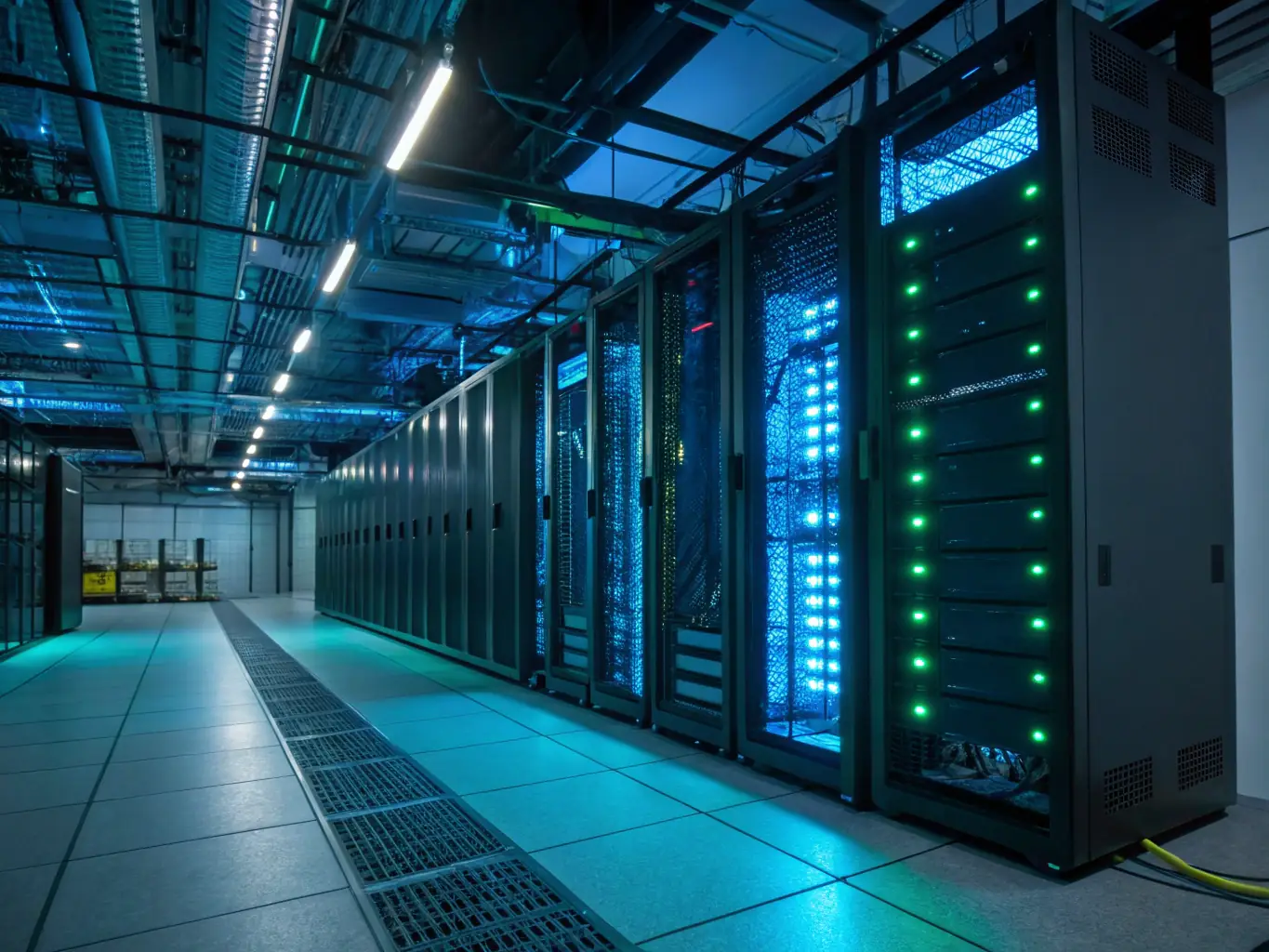 A vibrant image depicting a modern data center with glowing servers and network cables, symbolizing secure and scalable cloud solutions provided by Celintech.
