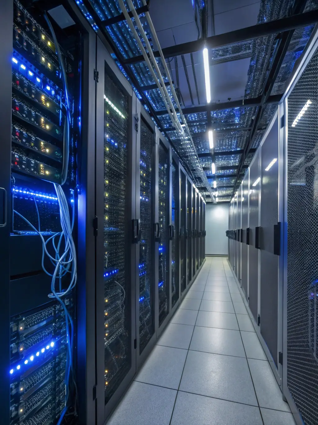 An image of a cloud data center with servers and networking equipment, emphasizing the integration of telecommunications infrastructure with cloud services.