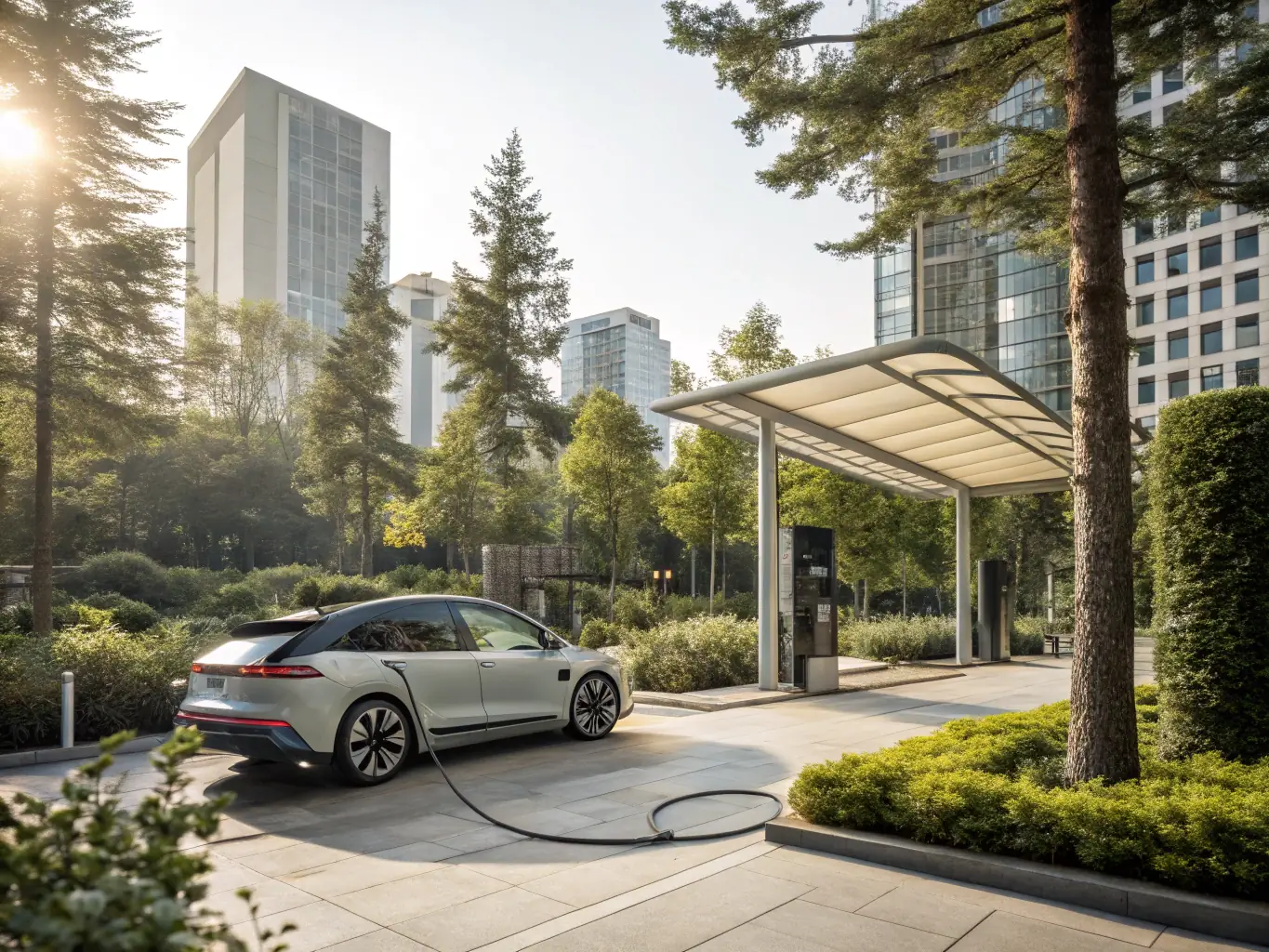 An electric vehicle charging station with a car plugged in, set against a backdrop of a modern, eco-friendly urban environment, emphasizing the convenience and accessibility of EV charging infrastructure.