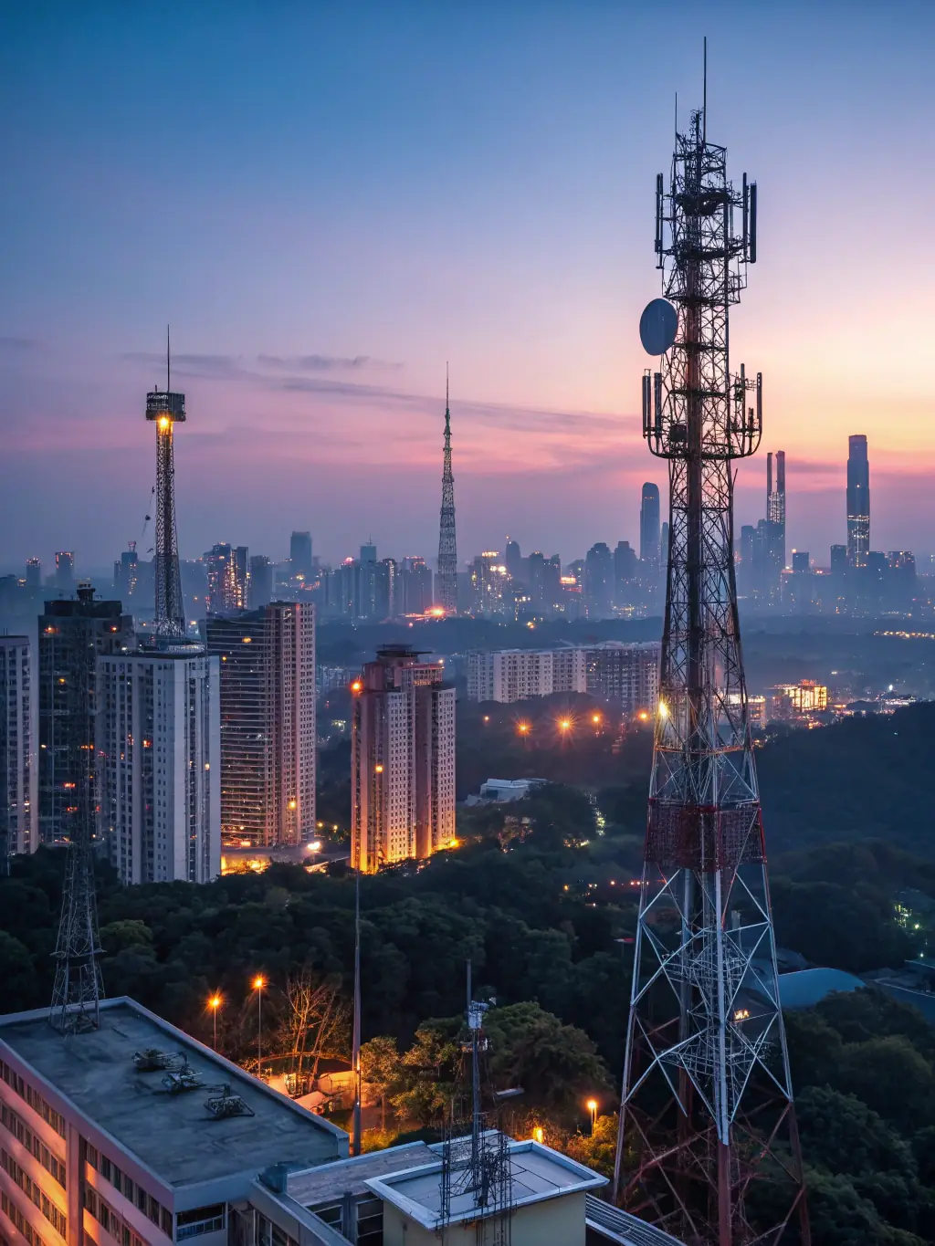 A graphic illustrating improved network efficiency through Open RAN, showing reduced latency and increased data throughput in a busy urban environment.