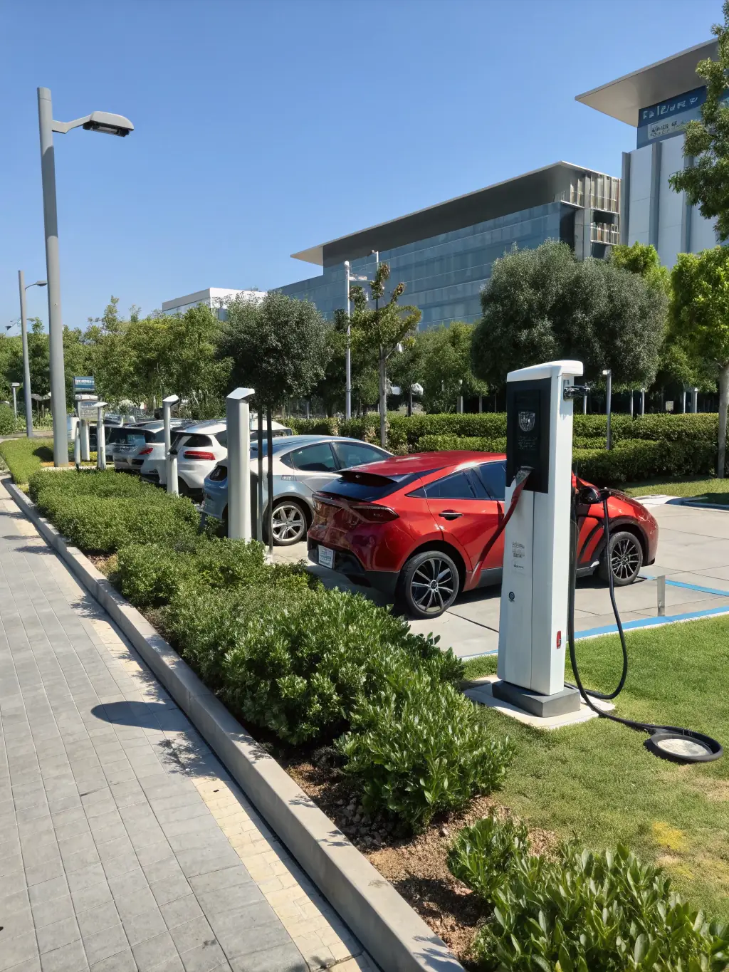 An electric vehicle charging station with multiple EVs charging, demonstrating CELINTECH's EV charging infrastructure solutions for sustainable transportation.