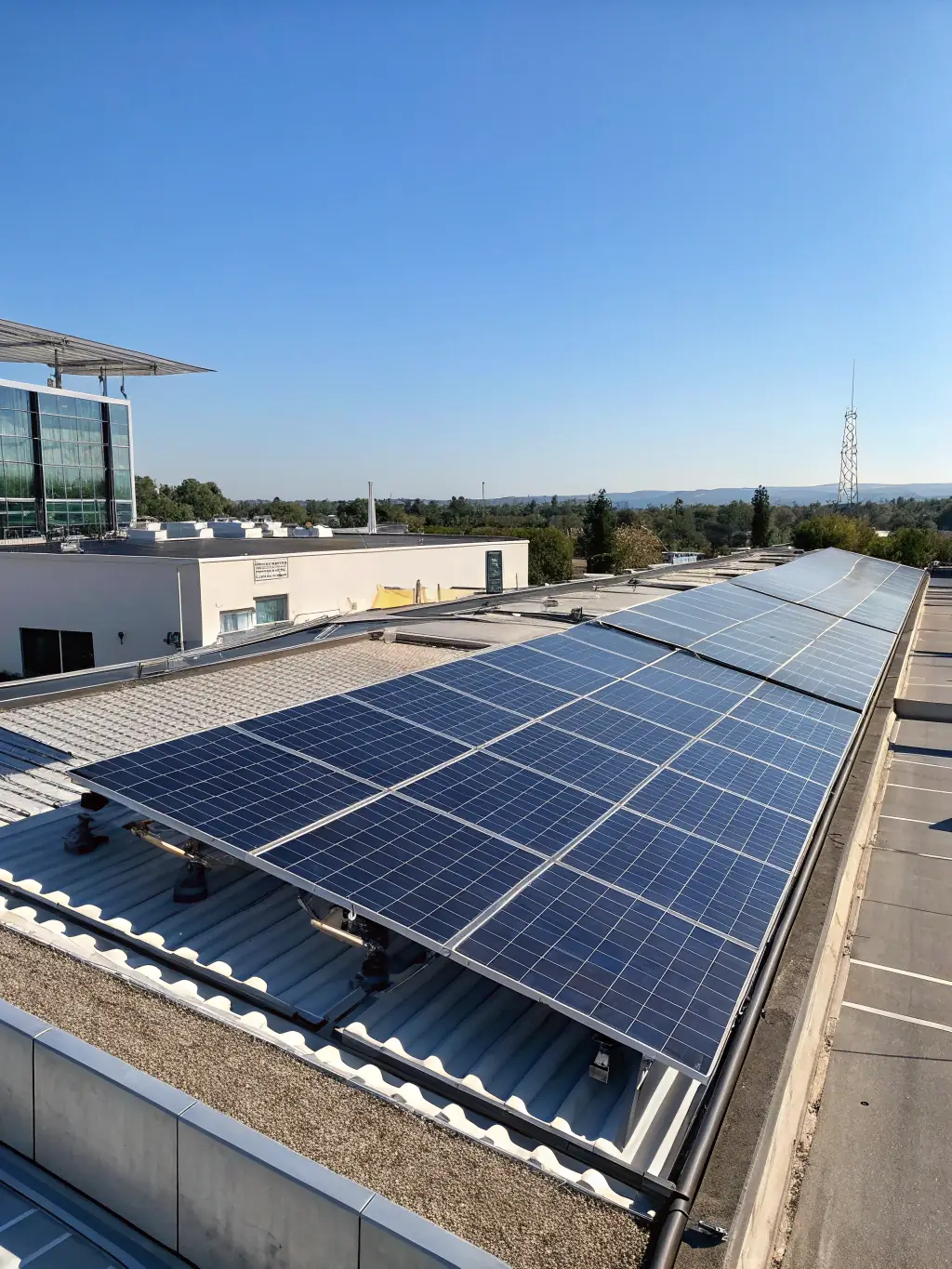 A solar panel array on a commercial rooftop, showcasing CELINTECH's solar power solutions for businesses, under a clear blue sky.