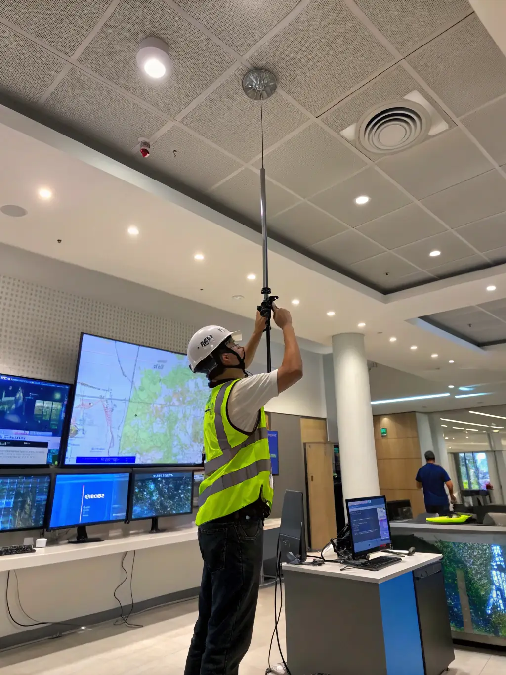 A technician installing a state-of-the-art telecommunications system in a modern office building, emphasizing the ease of deployment.