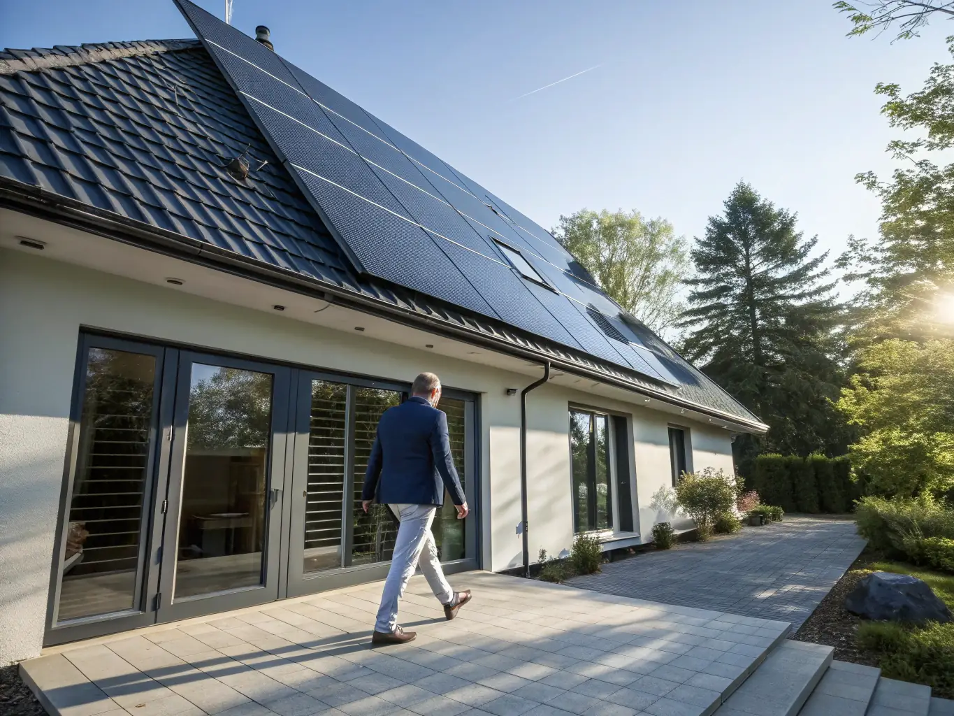 A modern residential rooftop solar panel installation on a sunny day, showcasing clean energy generation for homes, with a focus on the sleek design and integration with the house architecture.