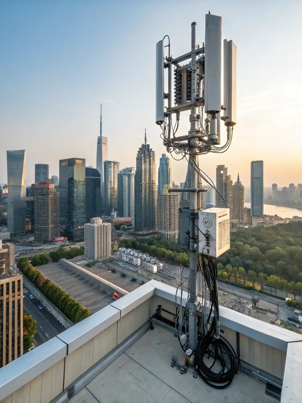 A close-up shot of a 5G Open RAN module, highlighting its compact design and advanced technology, set against a backdrop of a modern cityscape.