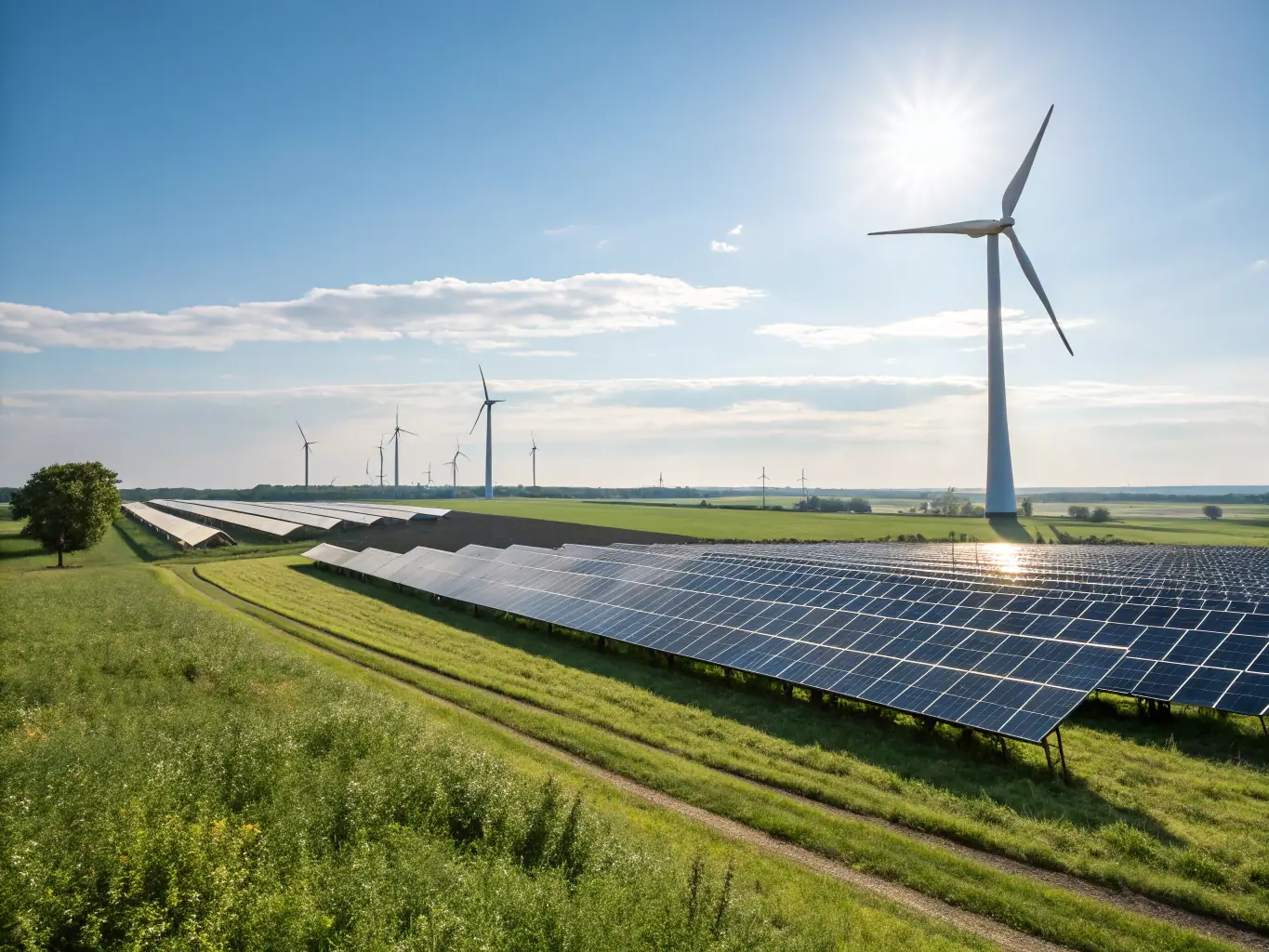A daytime shot of a solar panel array in a field, with wind turbines visible in the background. The image represents Celintech's commitment to driving the transition to a greener future through renewable energy solutions.