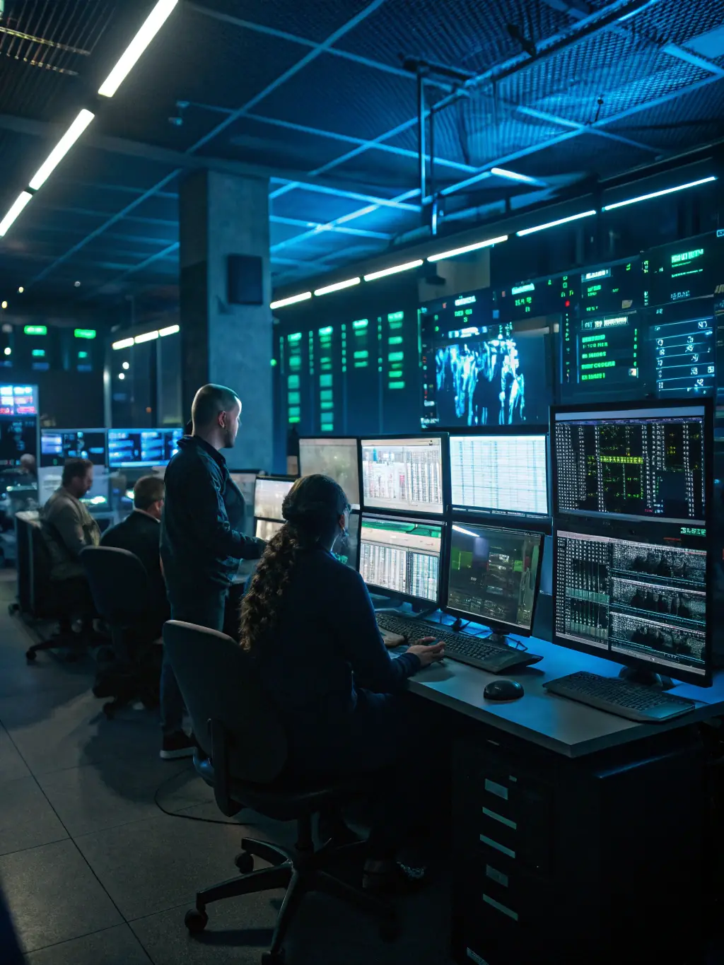 A photograph of Celintech's network operations center, showcasing the team monitoring and maintaining network infrastructure.