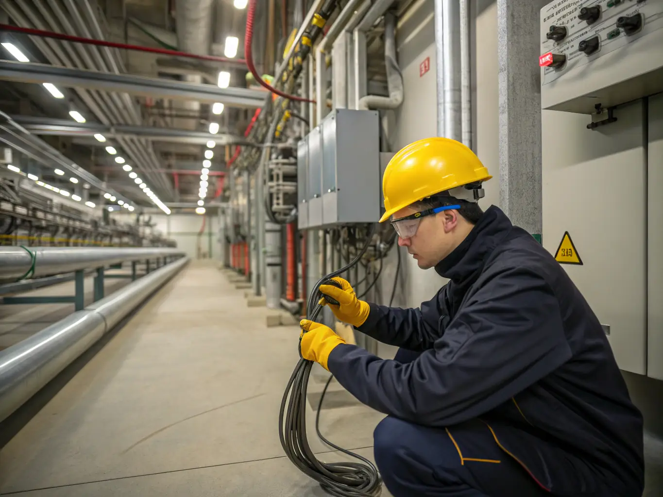 A medium shot of a technician inspecting a medium-voltage switchgear in a substation, highlighting the precision and reliability of CELINTECH's equipment.