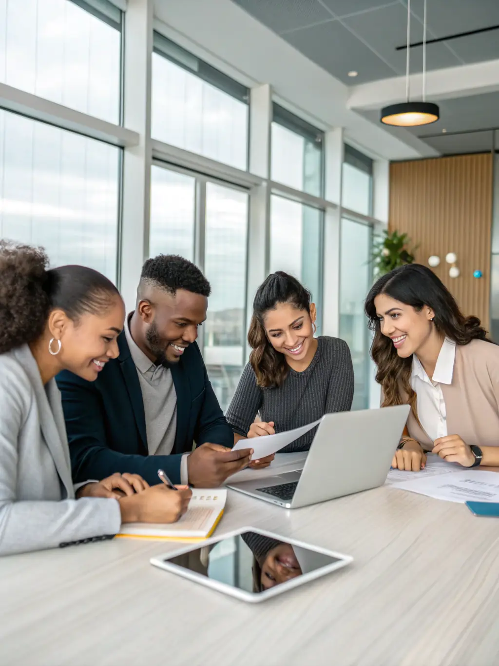 A diverse group of professionals collaborating in a modern office, using various communication devices, showcasing the versatility of the communication systems.