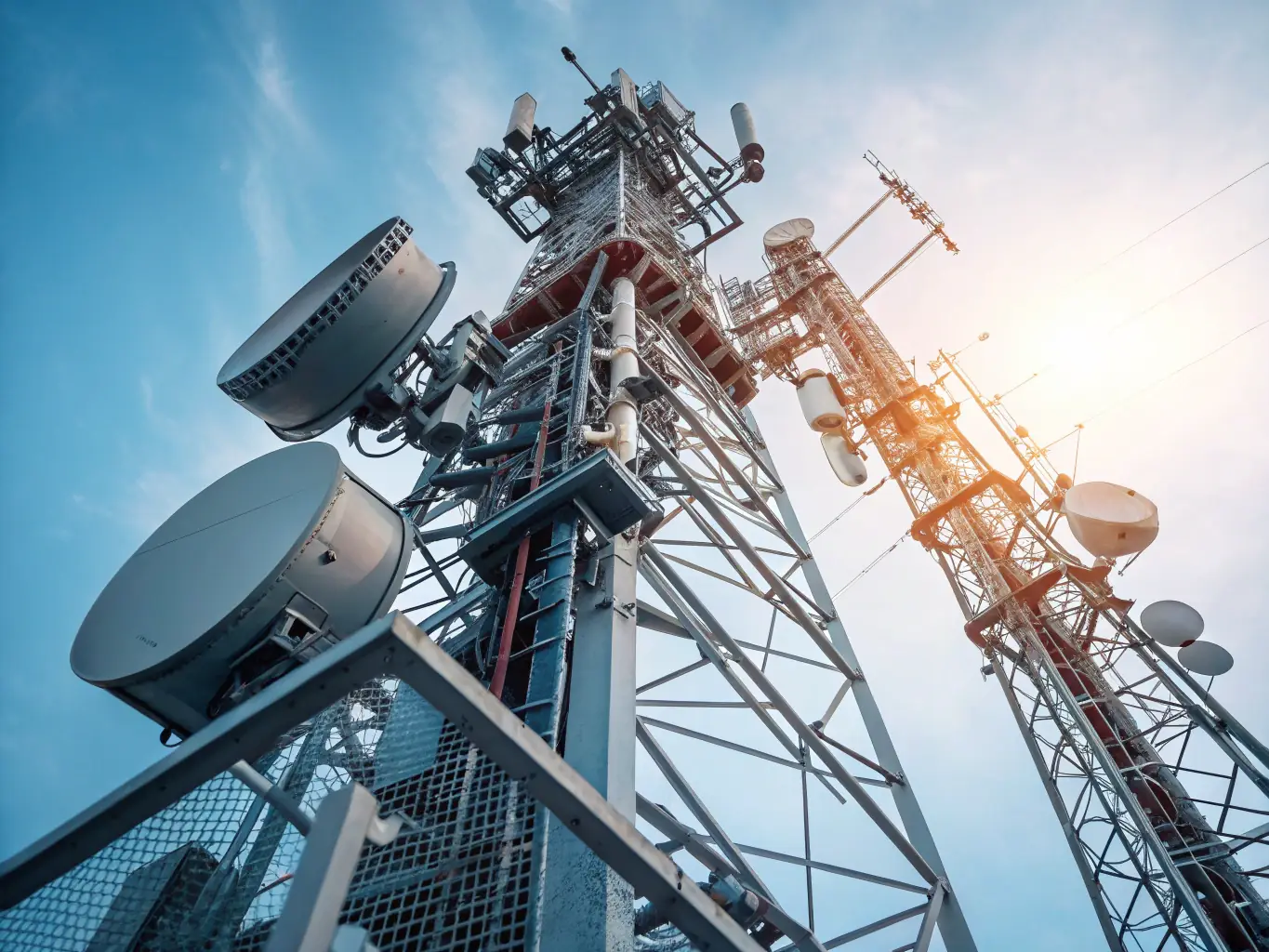 A telecommunications tower with various antennas and equipment, set against a clear blue sky, symbolizing Celintech's expertise in telecommunications infrastructure.
