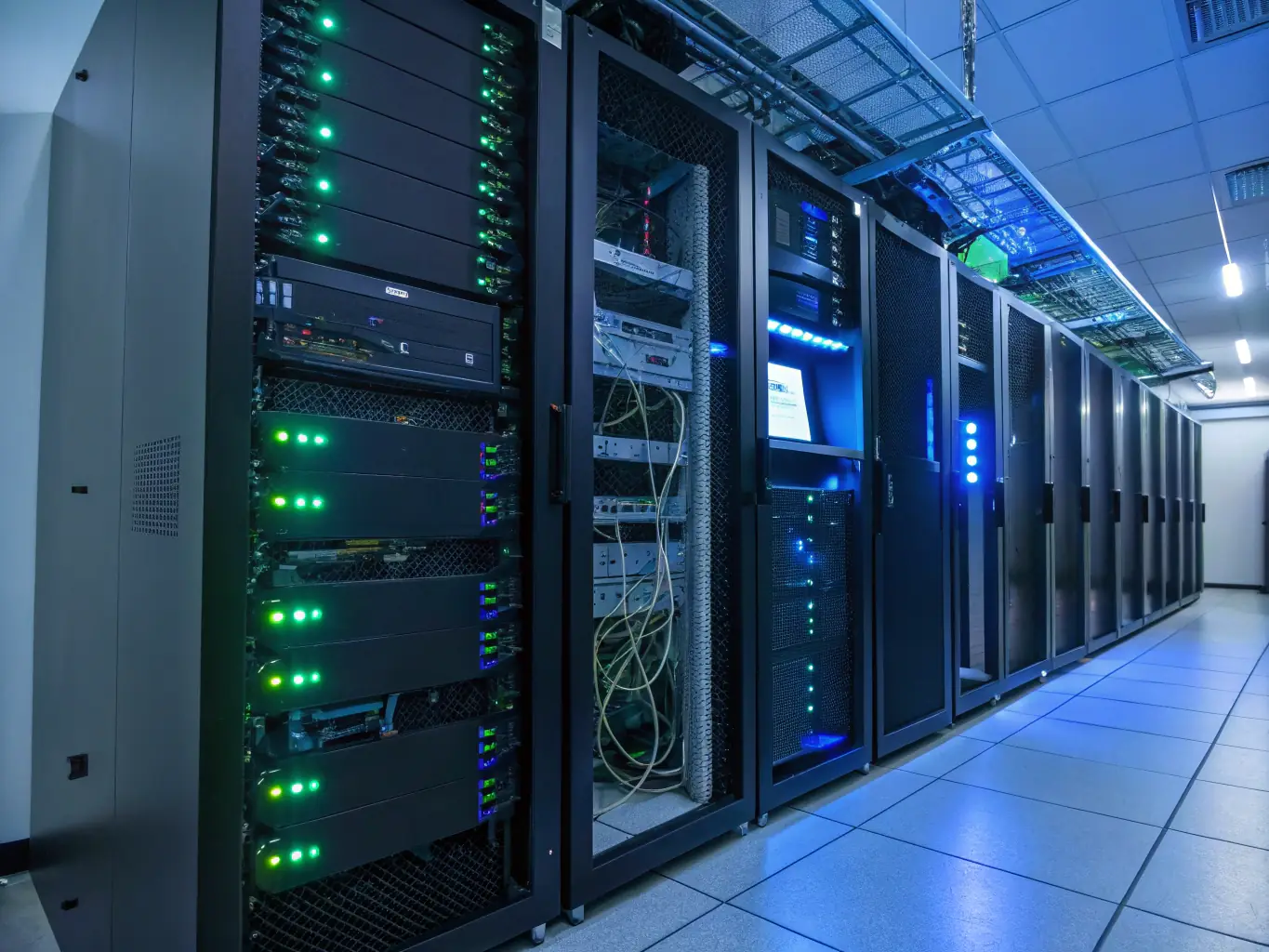 A server room filled with racks of servers and blinking lights, with a focus on the cloud infrastructure and data management systems, illustrating Celintech's cloud and ICT services.