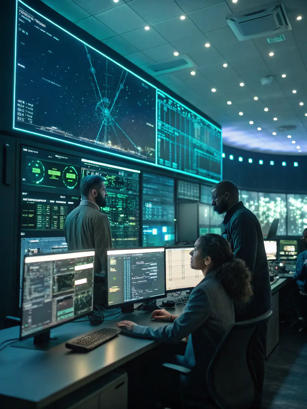 A wide shot of a smart grid control center, showcasing advanced monitoring and control systems, data visualization dashboards, and a team of engineers at work.