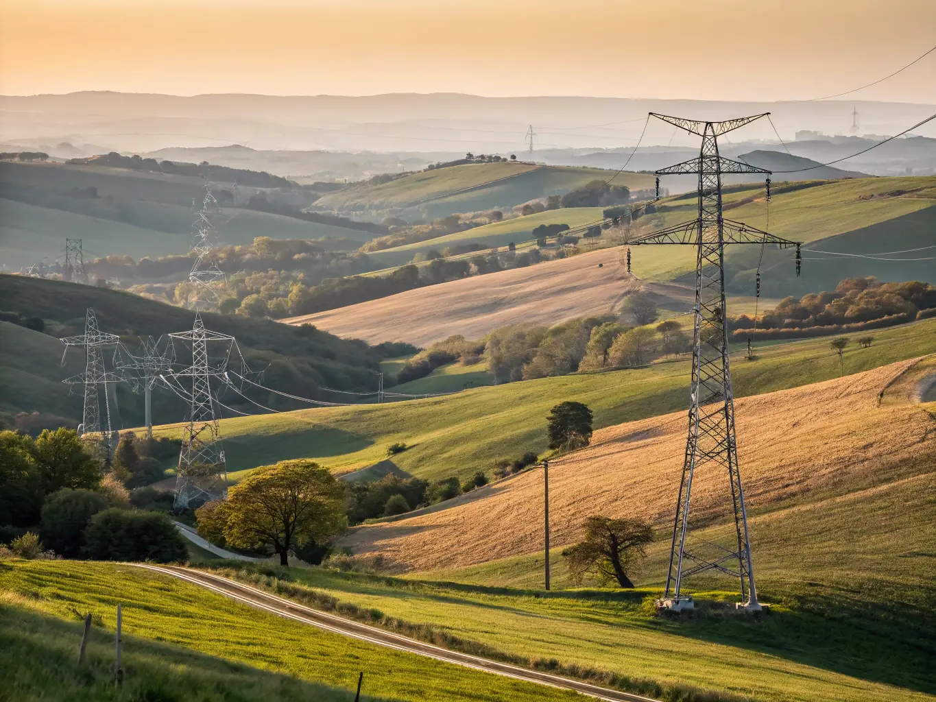 A wide shot of a high-voltage power transmission line stretching across a rural landscape at sunset. The image highlights Celintech's expertise in providing robust and efficient power transmission solutions.