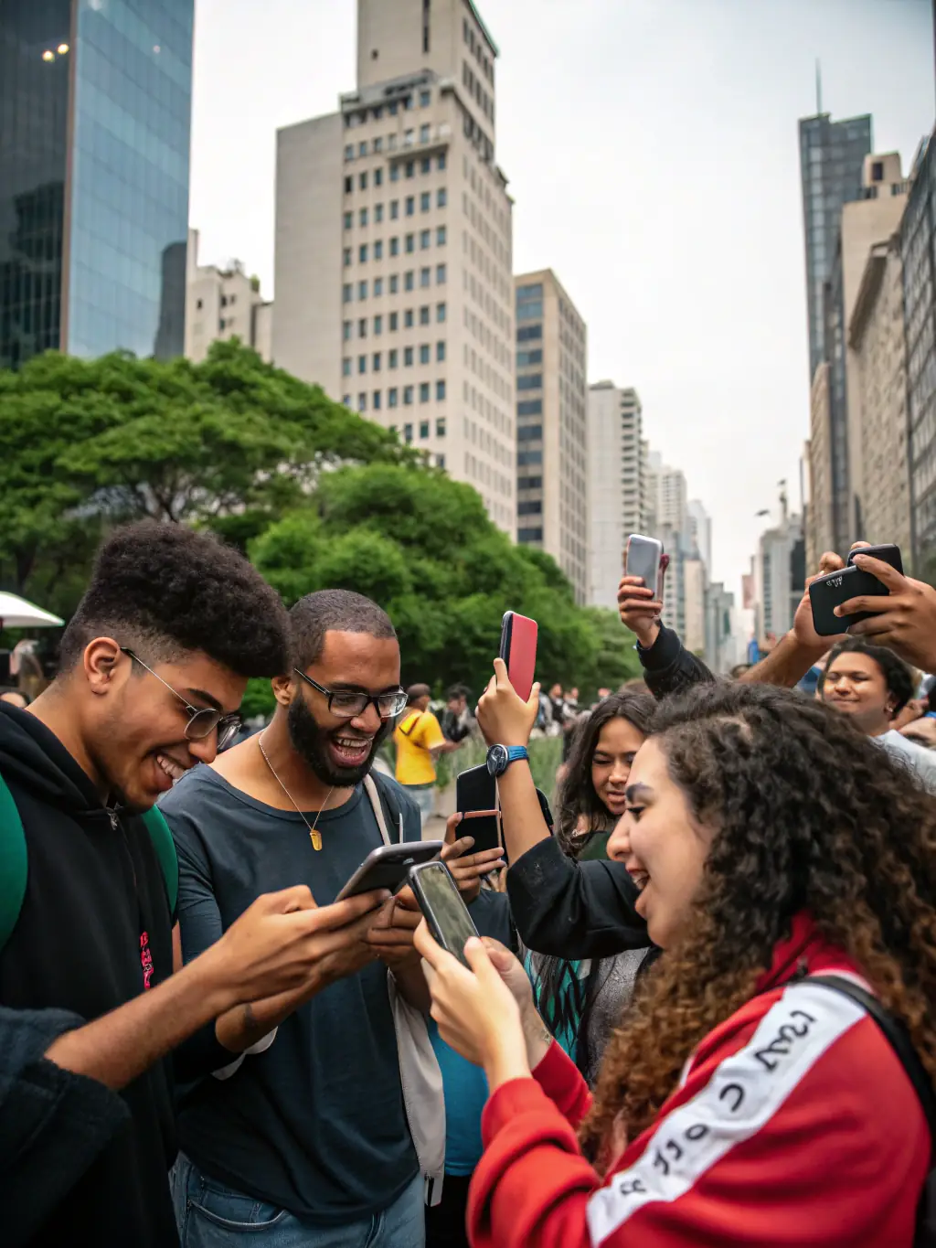 A diverse group of people using various mobile devices in a bustling city center, all seamlessly connected through a CELINTECH-powered Open RAN network.
