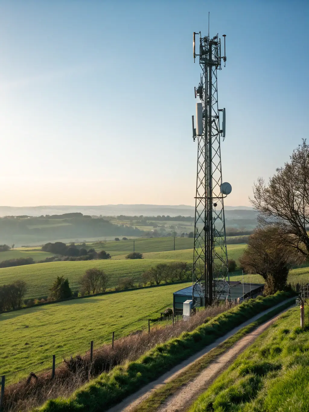 An aerial view of a rural area being connected by a CELINTECH Open RAN tower, showcasing the extended coverage and improved connectivity in underserved regions.