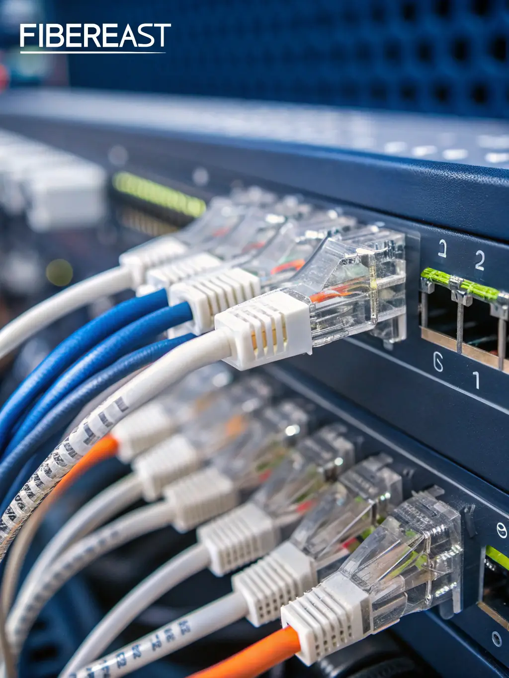 A close-up shot of a high-density fiber optic cable connection panel in a data center, showcasing the intricate network infrastructure.