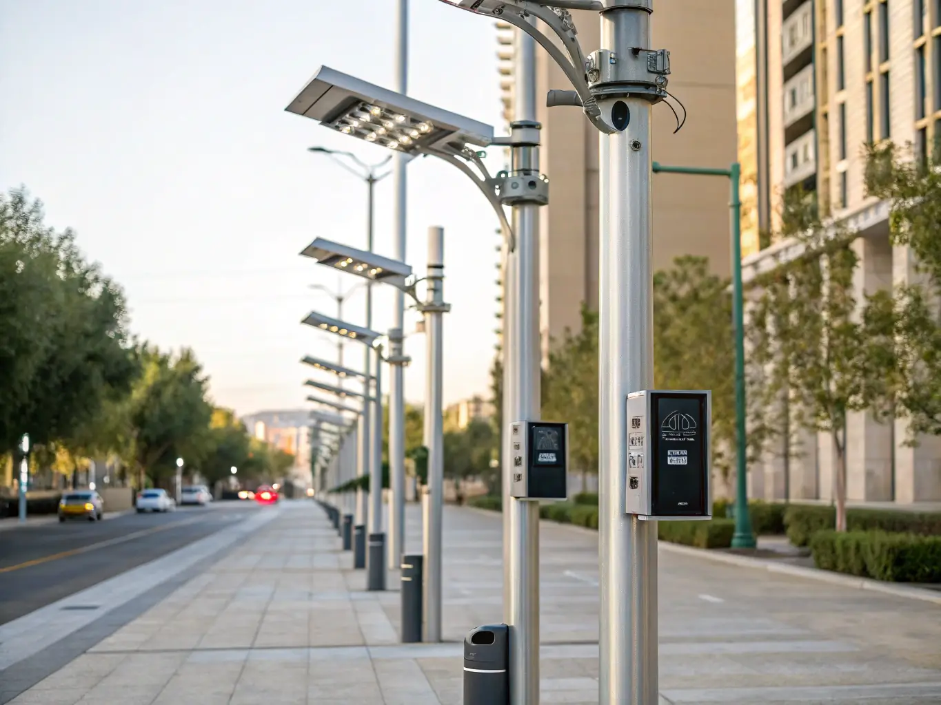 An image depicting Celintech's power and energy solutions, featuring smart grid technology, energy storage systems, and power distribution equipment in an urban setting.