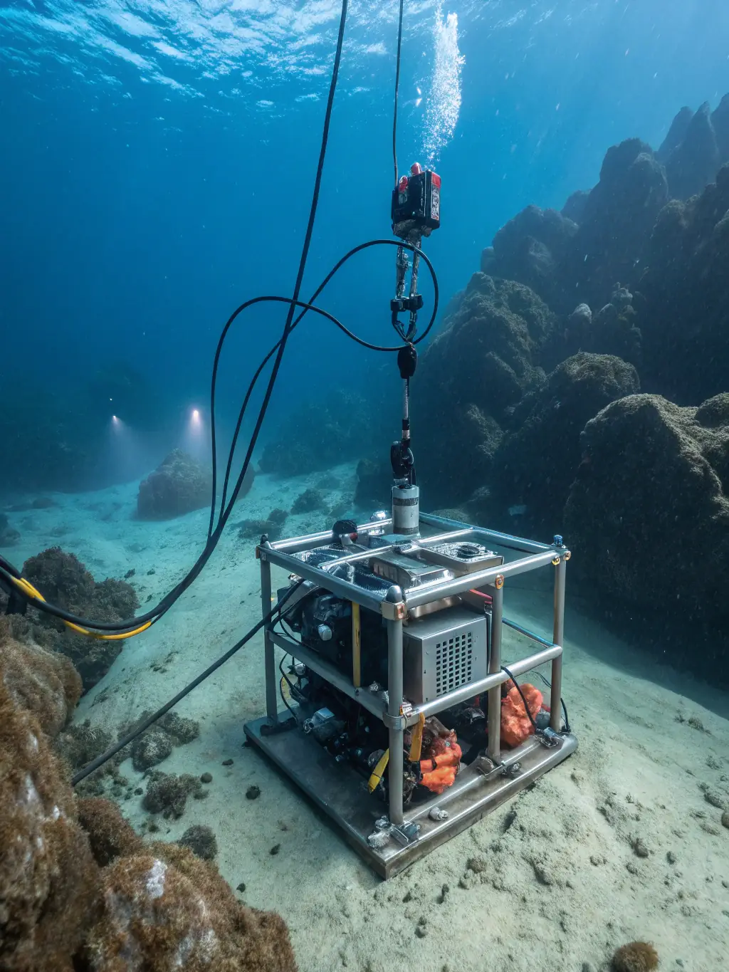 An underwater photograph of a submarine power cable being laid on the seabed, with specialized equipment and a support vessel visible above.