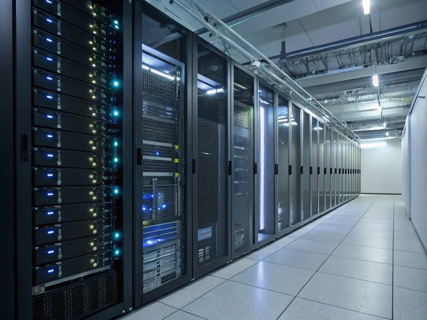 A high-tech server room filled with blinking lights and advanced networking equipment, symbolizing the open-cloud architecture of CELINTECH's solutions.