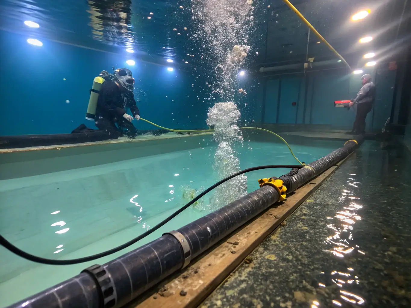 An aerial view of a submarine power cable being laid on the seabed, showcasing CELINTECH's capabilities in providing underwater power transmission solutions.
