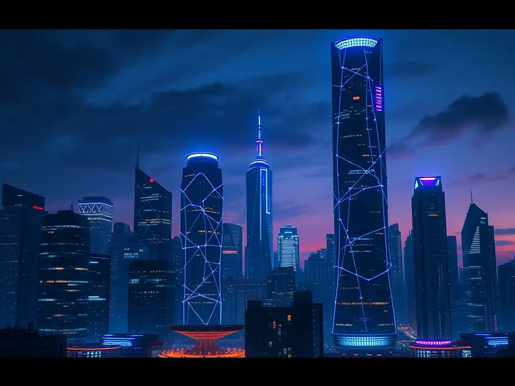 A futuristic cityscape with data streams flowing between buildings, representing the mobile edge computing capabilities of CELINTECH's 5G solutions.