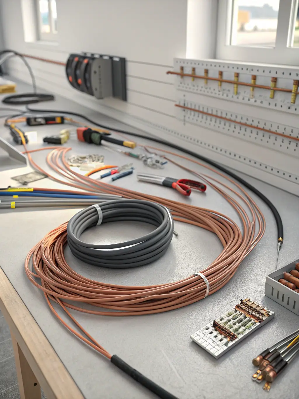 A detailed image of various radio site materials, including antennas, feeders, jumpers, and clamps, neatly organized and ready for deployment at a telecommunications site.