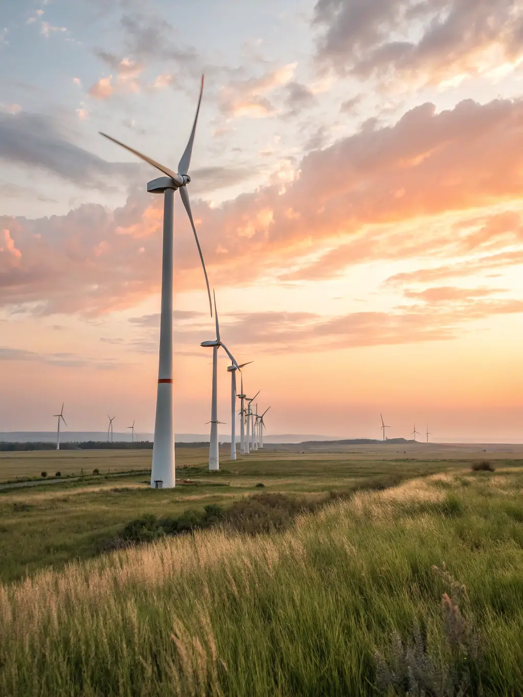 A large-scale wind turbine farm at sunset, illustrating CELINTECH's involvement in wind energy projects and sustainable energy generation.