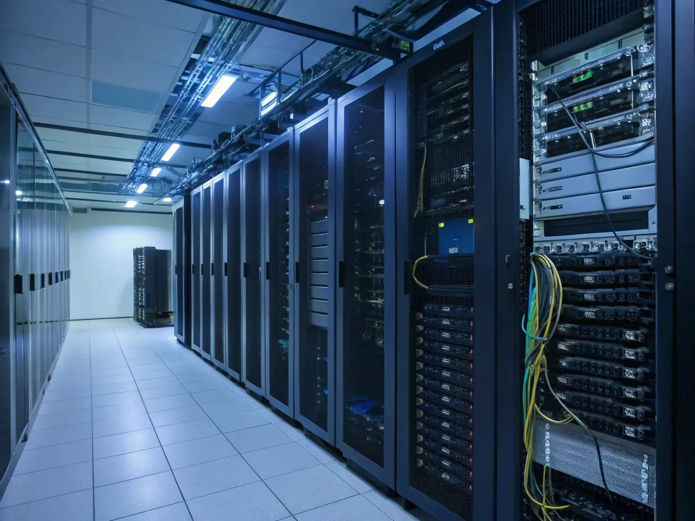 A high-quality image showcasing Celintech's telecommunications infrastructure solutions, featuring fiber optic cables and network equipment in a modern data center environment.